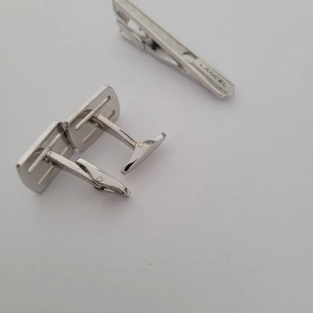 Lancel French Tie Clip Cufflinks Set‎ Silver Tone Logo